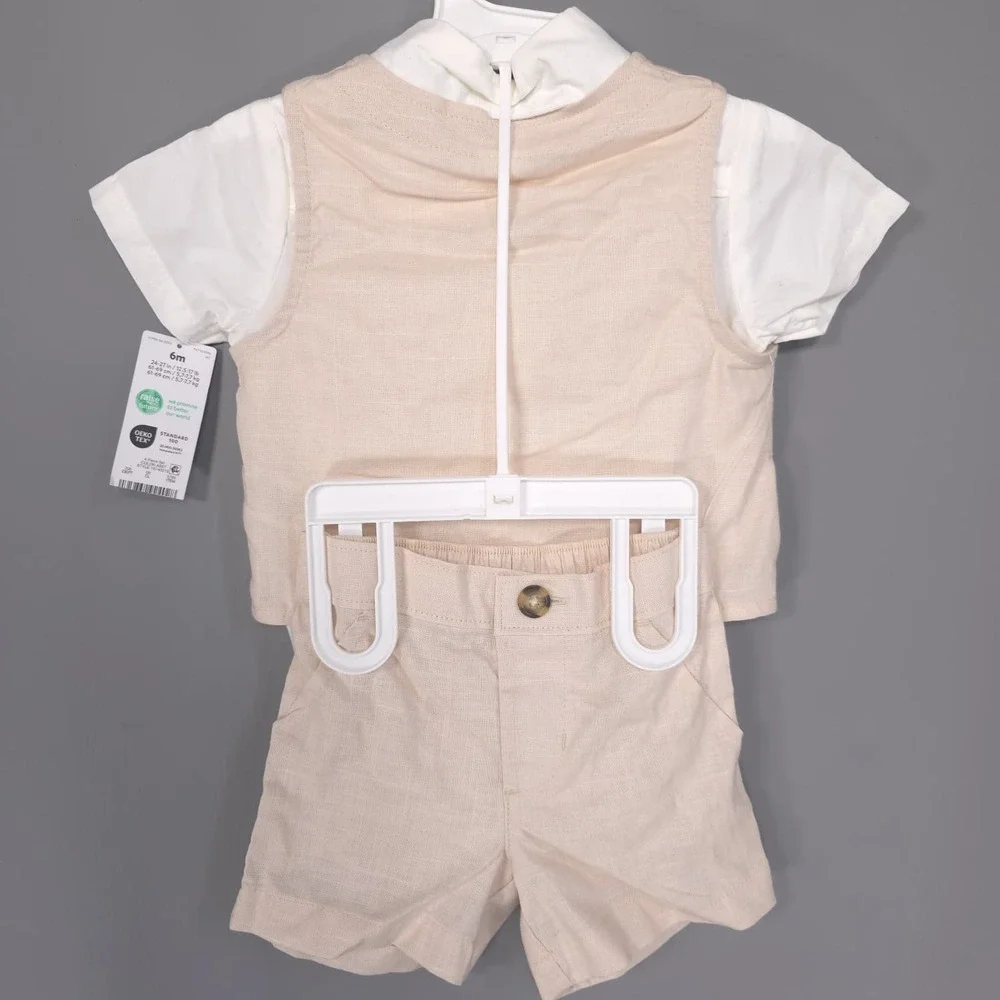 CARTERS Baby Boys New 4 Pc Outfit Set Vest Shorts Romper 6M Beige &‎ White